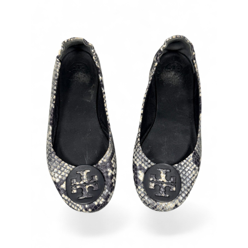 Tory Burch Reva Snakeskin Embossed Leather Ballet Flats Grey Black Logo Flat